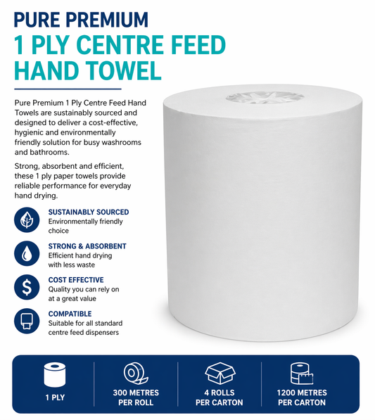 White Paper Hand Towel 1ply 300mt Centre Feed Premium (4 Rolls Carton)